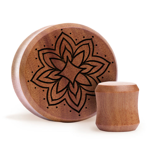 Starburst Mandala Ornamental Tattoo Plug / Gauge - Saba Wood | Flat Faced Double Flare