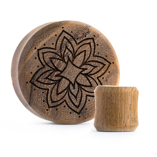 Starburst Mandala Ornamental Tattoo Plug / Gauge - Teak Wood | Flat Faced Double Flare