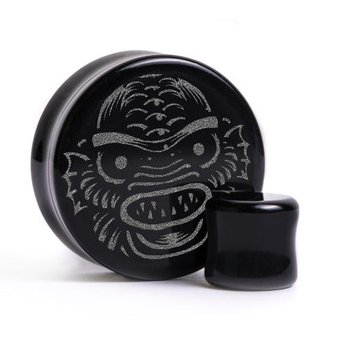 Swamp Monster Plug / Gauge - Schwarzes Glas | Doppelaufgeweitet mit flachem Gesicht