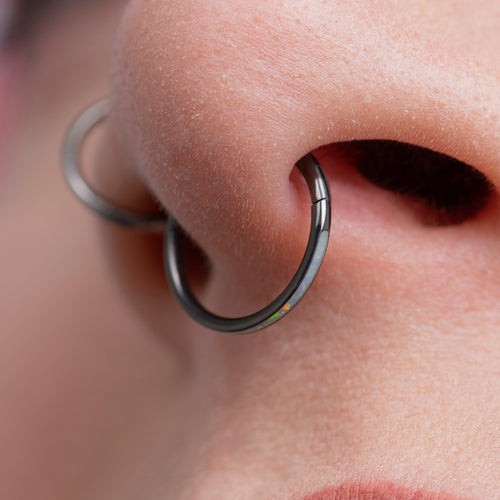 Septum Clicker, Black, White Opal Inlay, Titanium, 1.2mm