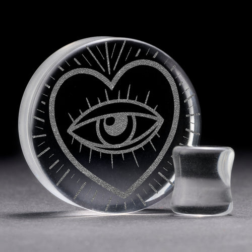Eye Heart Plug / Gauge - Clear Glass | Flat Faced Double Flare