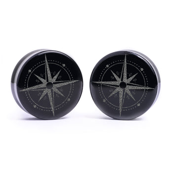 Starburst Mandala Ornamental Tattoo Plug / Gauge - Black Glass | Flat Faced Double Flare