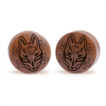 Kitsune Fox Mask Plug / Gauge - Saba Wood | Konvexe Doppelaufgeweitet