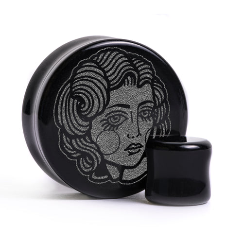 Lady Tattoo Plug / Gauge - Black Glass | Flat Faced Double Flare