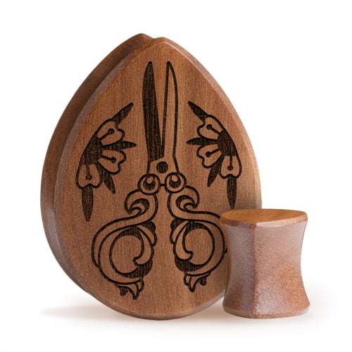 Scissors Plug / Gauge - Teardrop Saba Wood | Flat Faced Double Flare