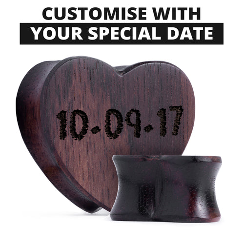Insert Date Ebony Wood Heart Shaped Plugs / Gauge