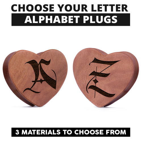 Insert Single Initial Ornate Saba Wood Heart Shaped Plugs / Gauge